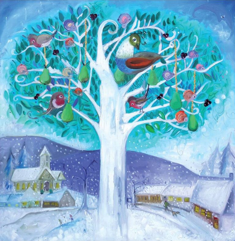 A whimsical winter scene perfect for holiday cards, featuring a partridge in a pear tree, colorful birds, a snowy village, and rolling hills in the background.