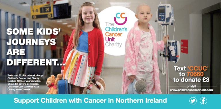 Two children with medical devices stand together, symbolizing their different journeys. Text promotes support for the Children's Cancer Unit Charity as part of the CCUC Campaign. Contact details and donation information are provided.