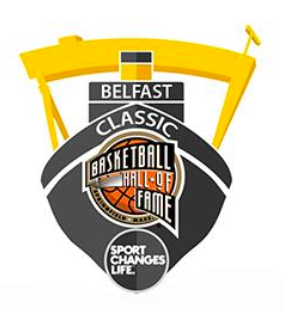Logo of the Belfast Classic Basketball Hall of Fame, featuring a stylized basketball and the inspirational text "Sport Changes Life.