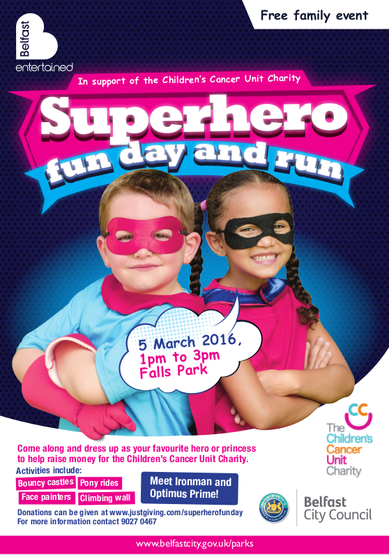 Join us at Falls Park for a Superhero Fun Day and Run on March 5, 2016, from 1-3 PM. Featuring children in superhero costumes, fun activities, and charity fundraising to raise money for the Children's Cancer Unit. Don your cape and be a hero for those who need it most!