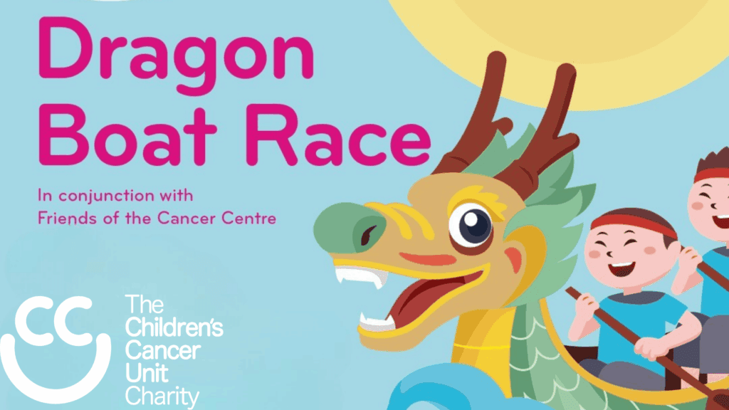 Illustration of a joyful Dragon Boat Race event featuring smiling children in a dragon boat, highlighted by The Children’s Cancer Unit Charity logo and event text.